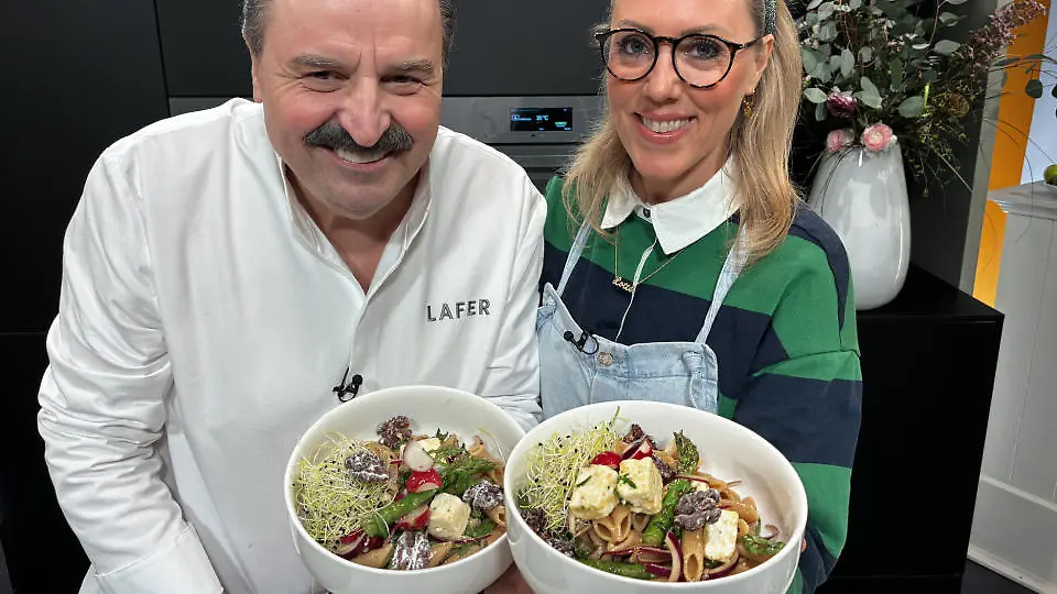 Johann Lafer's asparagus pasta salad with feta